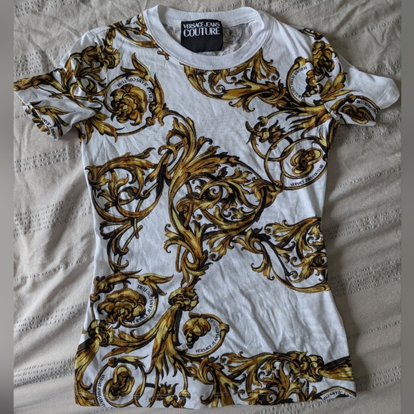 Versace Jeans Couture Tops - Versace Jeans Couture White and Gold Graphic Tee